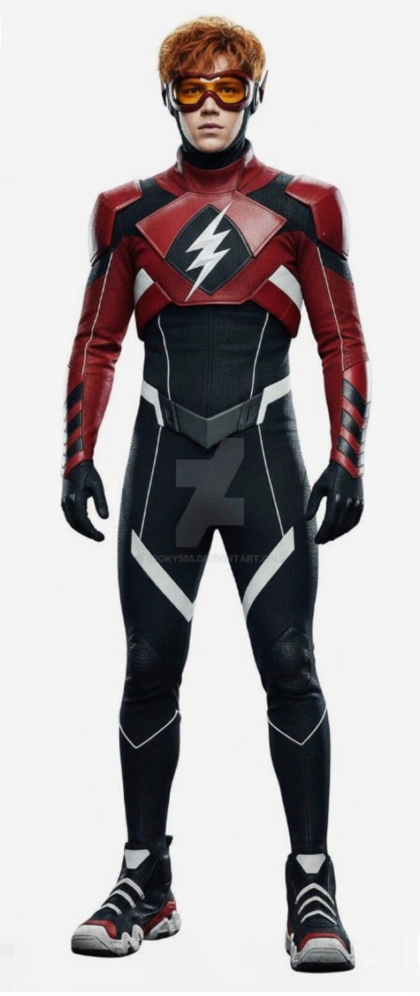 The Wally West Superhero FLASH costume with the speed force, despite pushing button on the chest and generate the speed force into your body the suit the red emblem, red yellow M&M on the suit, generate speed force gives you the powers of the speed force￼